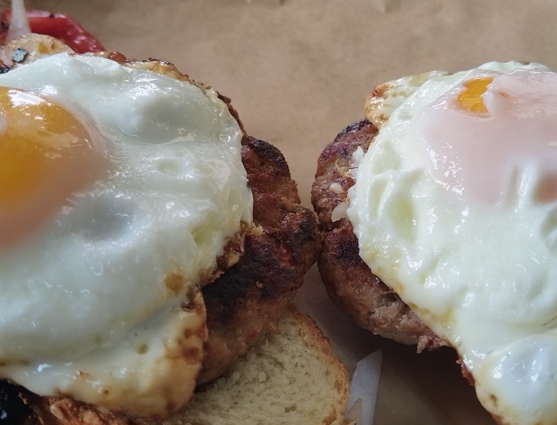 Two Burgers , with local fresh eggs,, - Δύο μπιφτέκια με ντόπια φρέσκα αυγα,,,7.50€